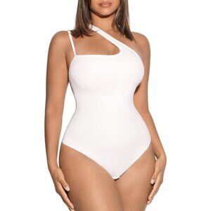 Women White One Shoulder Cutout Front Tummy Control Body Suit Tank Tops